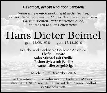 Traueranzeige von Hans Dieter Beimel von Mitteldeutsche Zeitung Merseburg/Querfurt