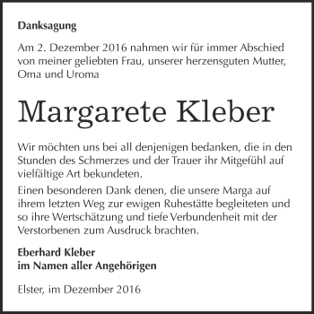 Traueranzeige von Margarete Kleber von WVG - Wochenspiegel Wittenberg