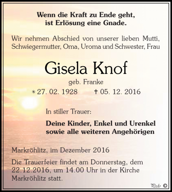 Traueranzeige von Gisela Knof von WVG - Wochenspiegel NMB / WSF / ZTZ