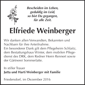 Traueranzeige von Elfriede Weinberger von WVG - Wochenspiegel Bitterfeld