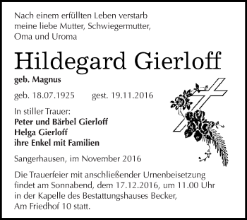 Traueranzeige von Hildegard Gierloff von Super Sonntag SGH Mansf. Land