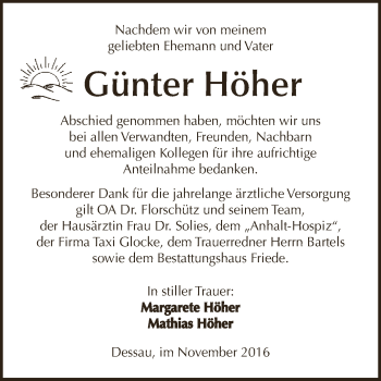 Traueranzeige von Günter Höher von WVG - Wochenspiegel Dessau / Köthen