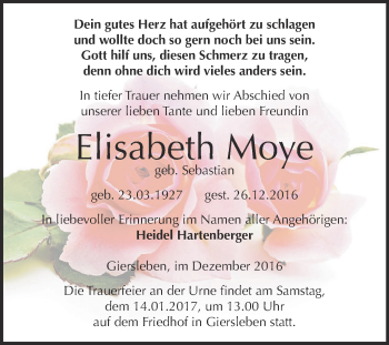 Traueranzeige von Elisabeth Moye von Super Sonntag Aschersleben