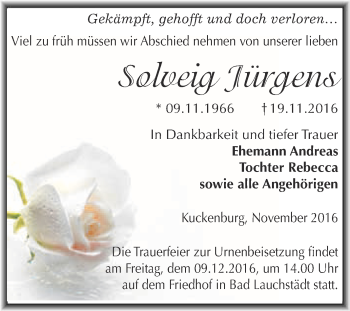 Traueranzeige von Solveig Jürgens von Super Sonntag Merseburg