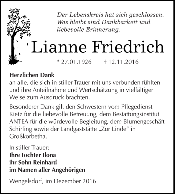 Traueranzeige von Lianne Friedrich von WVG - Wochenspiegel NMB / WSF / ZTZ
