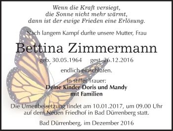 Traueranzeige von Bettina Zimmermann von Mitteldeutsche Zeitung Merseburg/Querfurt