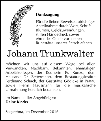 Traueranzeige von Johann Trunkwalter von Mitteldeutsche Zeitung Wittenberg