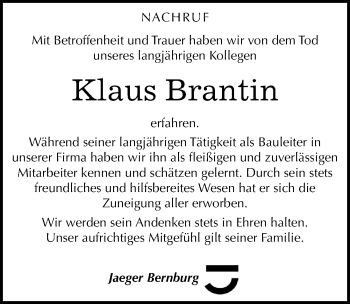 Traueranzeige von Klaus Brantin von Mitteldeutsche Zeitung Aschersleben