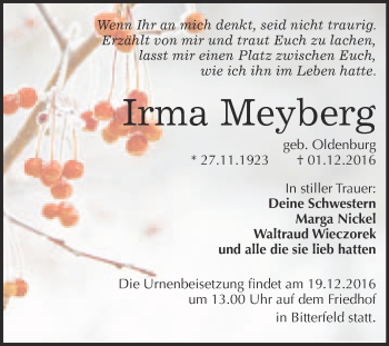 Traueranzeige von Irma Meyberg von WVG - Wochenspiegel Bitterfeld