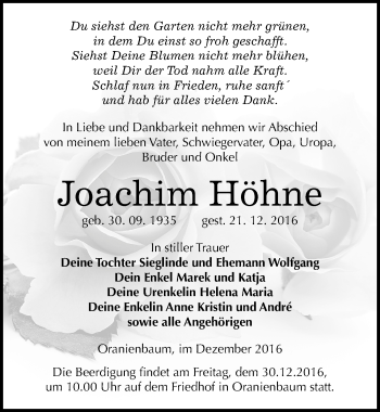 Traueranzeige von Joachim Höhne von Mitteldeutsche Zeitung Wittenberg