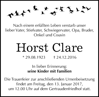 Traueranzeige von Horst Clare von Mitteldeutsche Zeitung Halle/Saalkreis