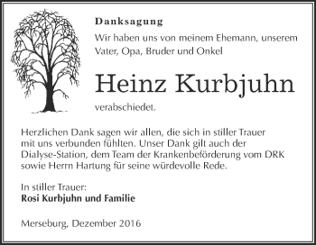 Traueranzeige von Heinz Kurbjuhn von Super Sonntag Merseburg