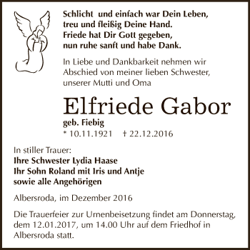 Traueranzeige von Elfriede Gabor von WVG - Wochenspiegel NMB / WSF / ZTZ