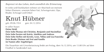 Traueranzeige von Knut Hübner von WVG - Wochenspiegel Bitterfeld