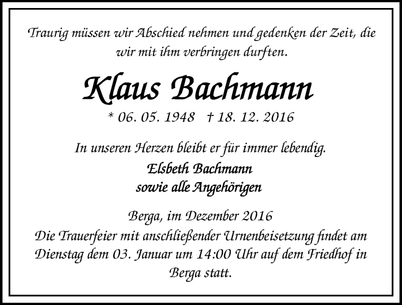  Traueranzeige für Klaus Bachmann vom 23.12.2016 aus Mitteldeutsche Zeitung Sangerhausen