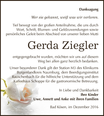 Traueranzeige von Gerda Ziegler von WVG - Wochenspiegel NMB / WSF / ZTZ