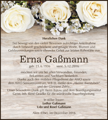 Traueranzeige von Erna Gaßmann von WVG - Wochenspiegel Dessau / Köthen