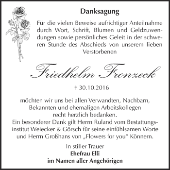 Traueranzeige von Friedhelm Fronzeck von Super Sonntag Bernburg