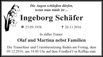 Traueranzeige von Ingeborg Schäfer von WVG - Wochenspiegel Dessau / Köthen