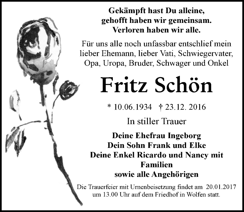 Traueranzeige für Fritz Schön vom 31.12.2016 aus Mitteldeutsche Zeitung Bitterfeld