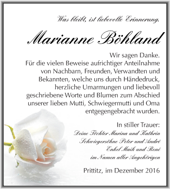 Traueranzeige von Marianne Böhland von WVG - Wochenspiegel NMB / WSF / ZTZ