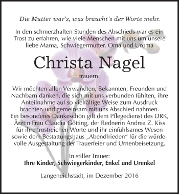 Traueranzeige von Christa Nagel von Mitteldeutsche Zeitung Merseburg/Querfurt