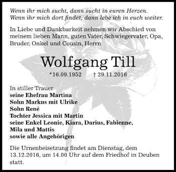 Traueranzeige von Wolfgang Till von Mitteldeutsche Zeitung Weißenfels