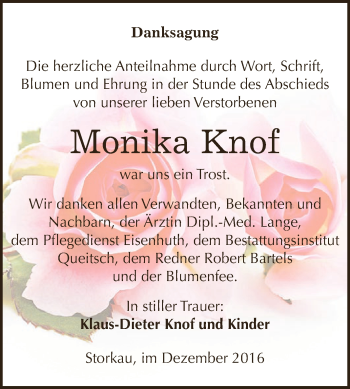 Traueranzeige von Monika Knof von WVG - Wochenspiegel Dessau / Köthen