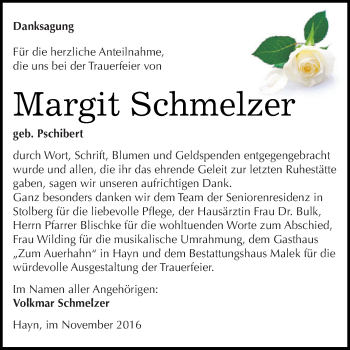 Traueranzeige von Margit Schmelzer von Super Sonntag SGH Mansf. Land