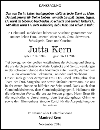 Traueranzeige von Jutta Kern von Mitteldeutsche Zeitung Sangerhausen