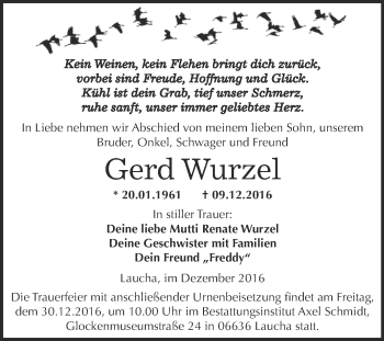Traueranzeige von Gerd Wurzel von WVG - Wochenspiegel NMB / WSF / ZTZ