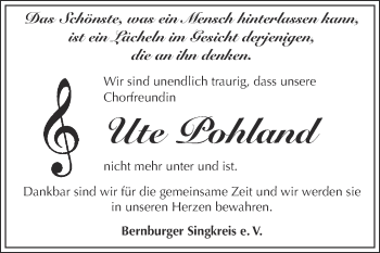 Traueranzeige von Ute Pohland von Super Sonntag Bernburg