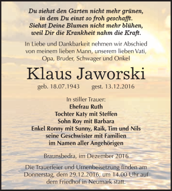 Traueranzeige von Klaus Jaworski von WVG - Wochenspiegel Merseburg