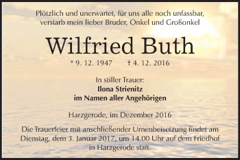 Traueranzeige von Wilfried Buth von WVG - Wochenspiegel Quedlinburg