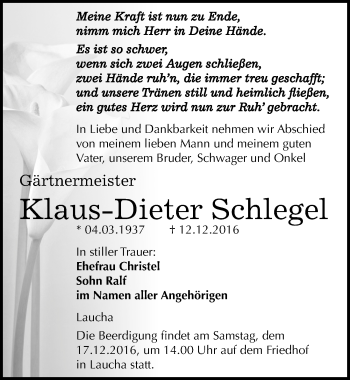 Traueranzeige von Klaus-Dieter Schlegel von Mitteldeutsche Zeitung Naumburg/Nebra