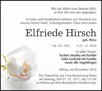 Traueranzeige von Elfriede Hirsch von WVG - Wochenspiegel Merseburg