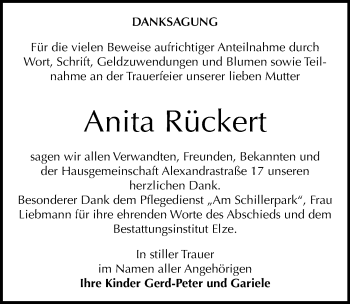 Traueranzeige von Anita Rückert von Mitteldeutsche Zeitung Dessau-Roßlau