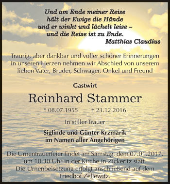 Traueranzeige von Reinhard Stammer von Mitteldeutsche Zeitung Mansfelder Land