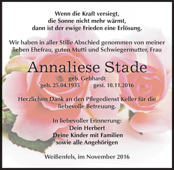 Traueranzeige von Annaliese Stade von Mitteldeutsche Zeitung Weißenfels