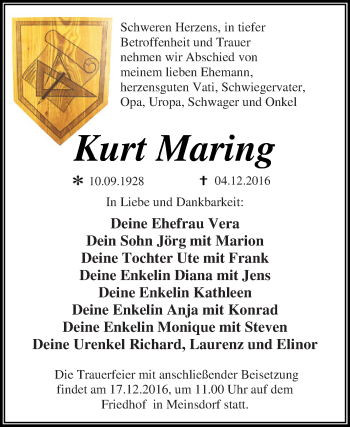 Traueranzeige von Kurt Maring von WVG - Wochenspiegel Dessau / Köthen