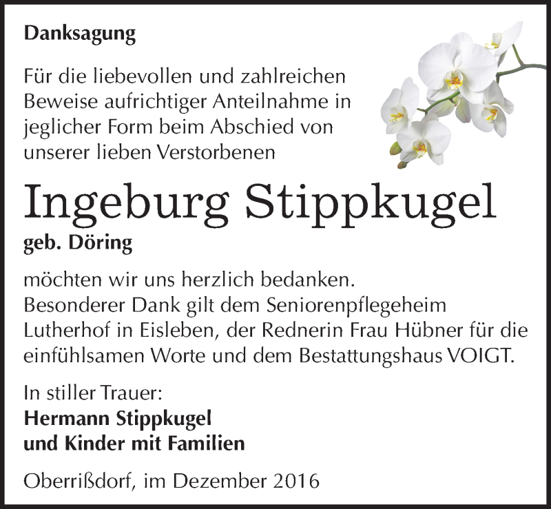  Traueranzeige für Ingeburg Stippkugel vom 28.12.2016 aus Mitteldeutsche Zeitung Mansfelder Land
