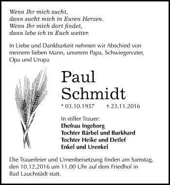 Traueranzeige von Paul Schmidt von Mitteldeutsche Zeitung Merseburg/Querfurt