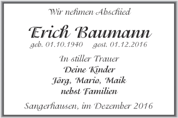 Traueranzeige von Erich Baumann von Super Sonntag SGH Mansf. Land
