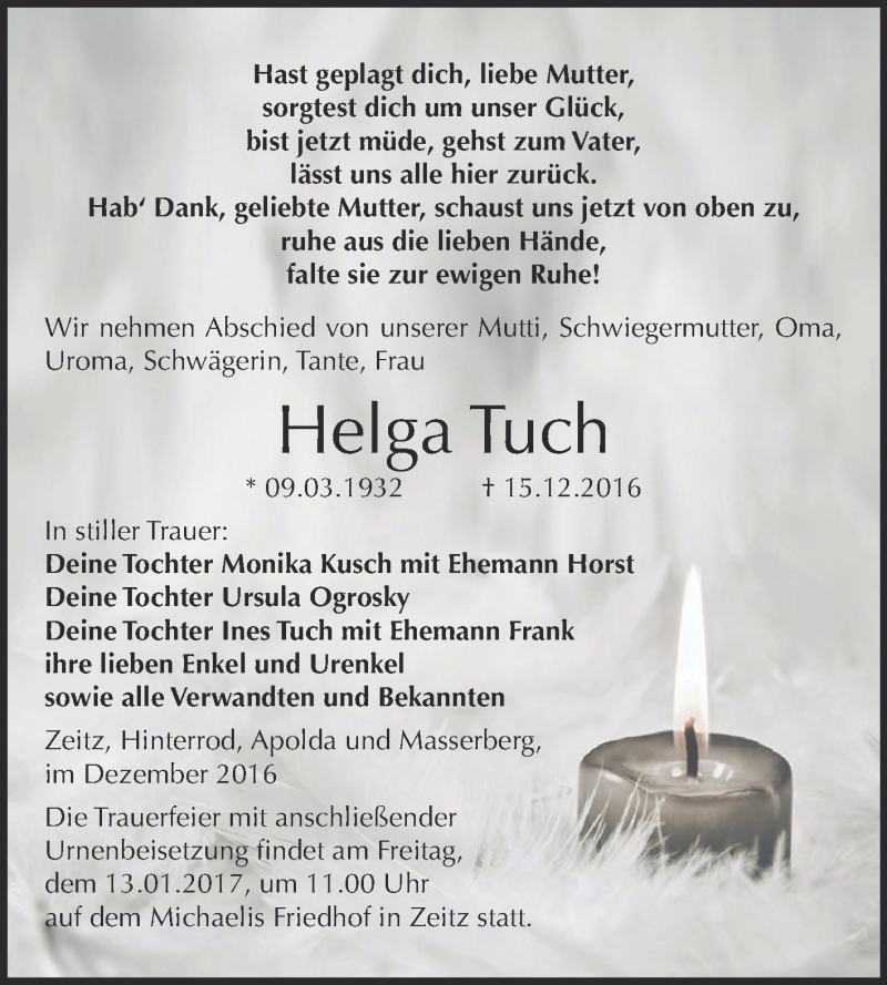  Traueranzeige für Helga Tuch vom 24.12.2016 aus Super Sonntag Zeitz