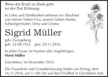 Traueranzeige von Sigrid Müller von Super Sonntag Aschersleben