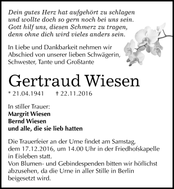 Traueranzeige von Gertraud Wiesen von Mitteldeutsche Zeitung Mansfelder Land