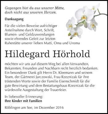 Traueranzeige von Hildegard Hörhold von Super Sonntag SGH Mansf. Land