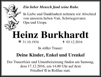 Traueranzeige von Heinz Burkhardt von Mitteldeutsche Zeitung Dessau-Roßlau