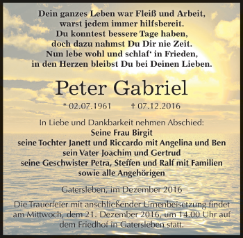 Traueranzeige von Peter Gabriel von Mitteldeutsche Zeitung Quedlinburg
