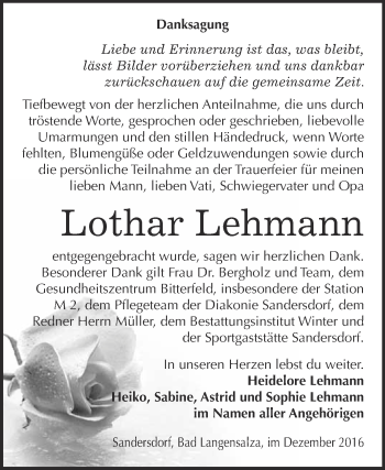 Traueranzeige von Lothar Lehmann von WVG - Wochenspiegel Bitterfeld
